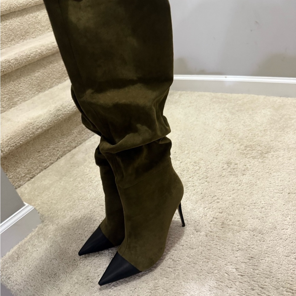 Elegant Olive Suede Stiletto Boots - knee high - Picture 2 of 11